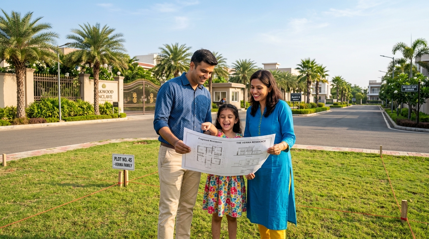 Happy Indian family planning their dream home on demarcated residential plot in Bihar