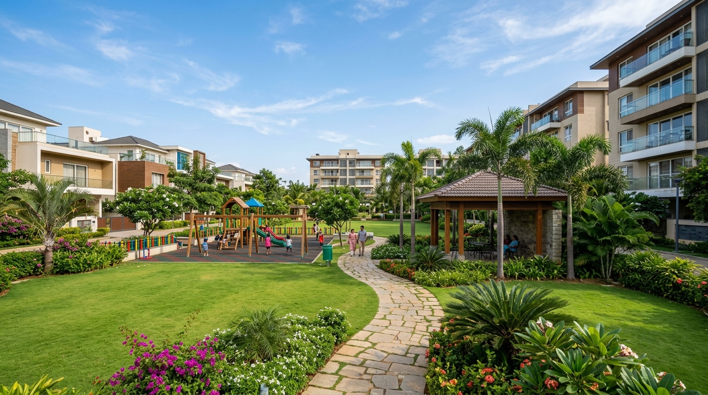 Landscaped central park with walking track and gazebo inside township